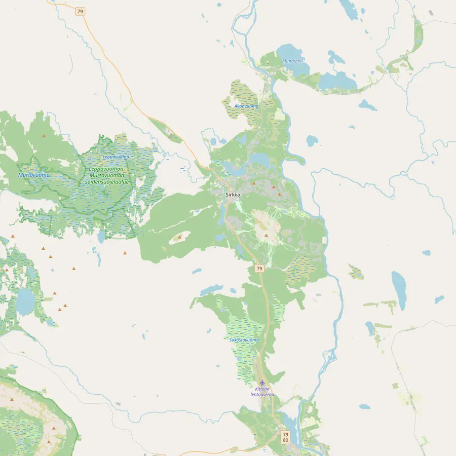 Map of the area around Levi with Sirkka village, Kittilä Airport to the south, the lake Rautusjärvi to the north-east and Muoniontie to the north-west